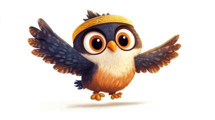 Fototapeta premium Cute owl cartoon flying, white background, children's book illustration