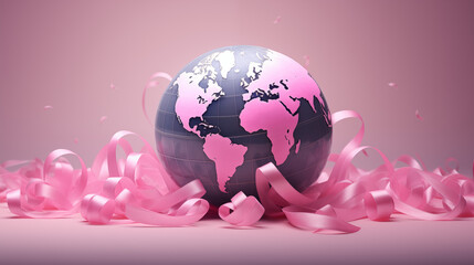 globe pink ribbon pink background symbolic international unity feminine aesthetic minimalist design