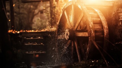 Wooden water wheel turning in a forest mill at sunset