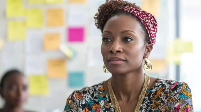 A woman entrepreneur brainstorming in a bright, modern office with a team of diverse individuals. - Powered by Adobe