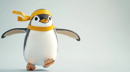 Obraz premium Cute penguin running, winter scarf, light background, winter fun