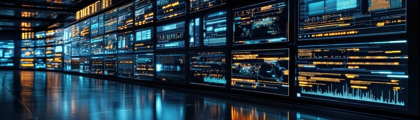 Large display of data visualization in a spacious modern office environment with multiple screens