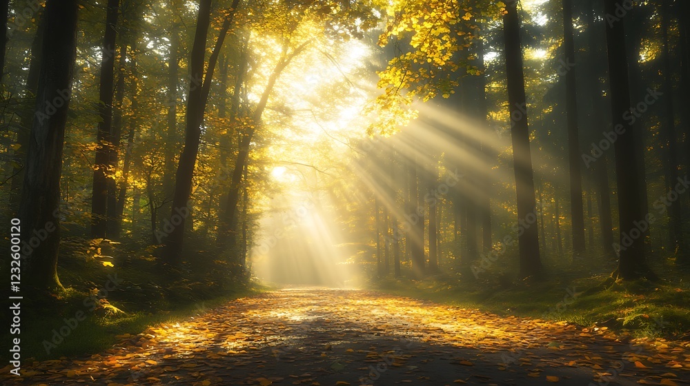 Aufkleber Sunlight filters through trees in a serene forest, casting a warm glow on the path below.