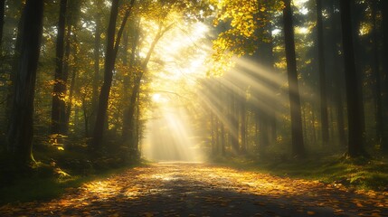 Obraz premium Sunlight filters through trees in a serene forest, casting a warm glow on the path below.
