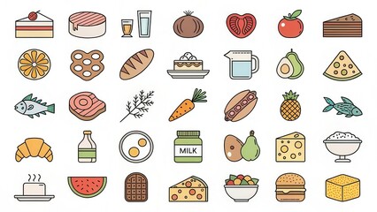 A Colorful Collection of Diverse Food and Drink Icons Featuring Various Dishes, Fruits, and Vegetables