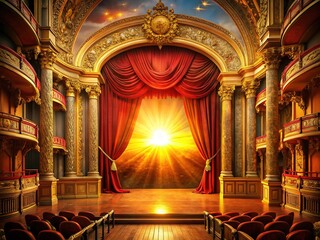 Obraz premium Red velvet curtain, spotlight highlights theatrical scene.