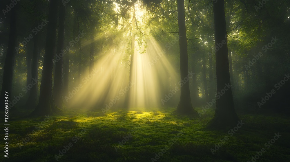 Aufkleber Sunlight streams through trees in a serene forest, creating an enchanting and tranquil atmosphere.