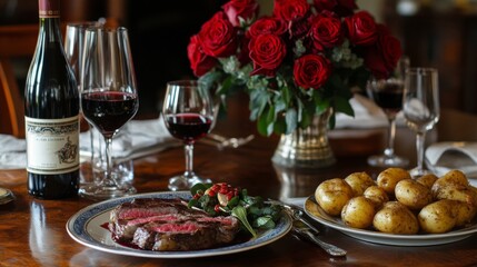 Romantic Dinner with Steak and Red Wine
