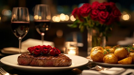 Romantic Dinner with Steak and Red Wine