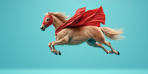 Superhero horse in action studio setting photography dynamic environment close-up view imagination and fantasy for enthusiasts