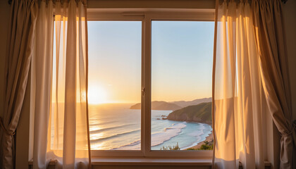 Fototapeta premium Ocean sunset viewed through open curtains, serene coastal ambiance