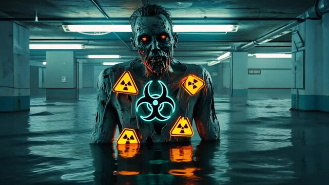 A heavily mutated zombie with extra eyes, rotting flesh, and biohazard warning signs embedded in its cracked skin