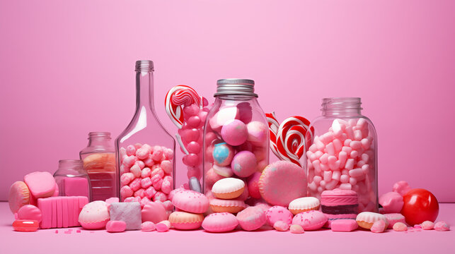 pink background candy jars macarons valentine day celebration love sweet treats holiday - Powered by Adobe