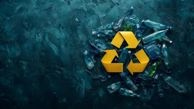 Symbolic stop motion animation revealing yellow recycling logo emerging from used plastic bottles against textured blue background, emphasizing plastic recycling sustainability