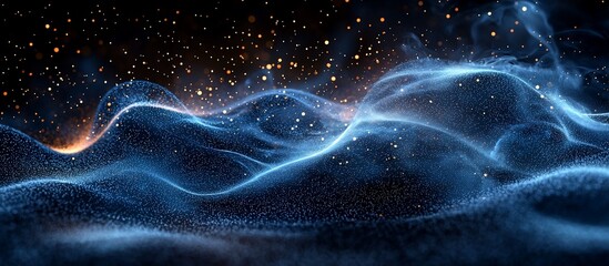 Fototapeta premium Abstract waves of blue light and particles flowing in a dark cosmic background