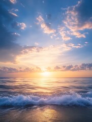 Obraz premium Serene sunset over the ocean with gentle waves and colorful clouds in the sky.