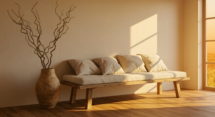 Serene Wooden Bench in Warm Sunset Room Design