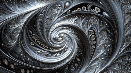 Fluid art featuring swirling silver and deep black patterns with glowing accents