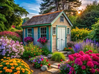 Surreal Cape Cod garden shed:  perennials in a dreamy, harmonious landscape.