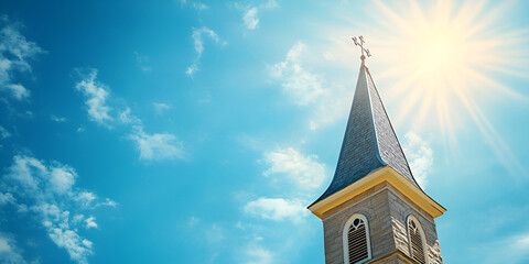 Church Steeple with Cross Under Bright Blue Sky and Sunlight