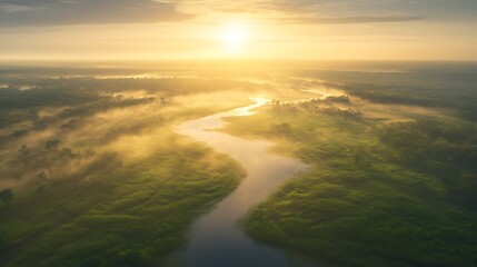 Serene landscape featuring a winding river under a golden sunrise with misty surroundings.