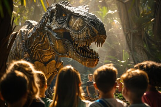 Kids of various backgrounds marveling at a dinosaur bone excavation site, with a life-size animatronic T-Rex in the background.