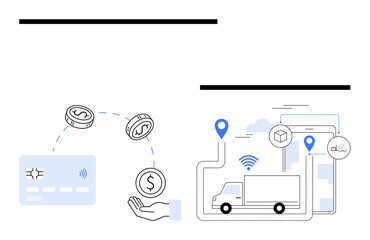 Money transfer from card to hand with dollar coins, truck delivery with GPS tracking on mobile devices. Ideal for fintech, delivery services, mobile apps, e-commerce, logistics, digital payment