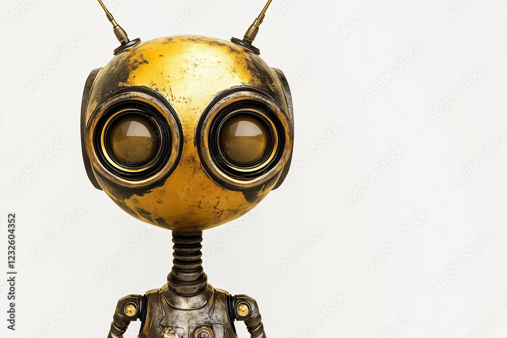 Poster a robot face with a calm and neutral expression gazes at the camera. the metallic surface and large 
