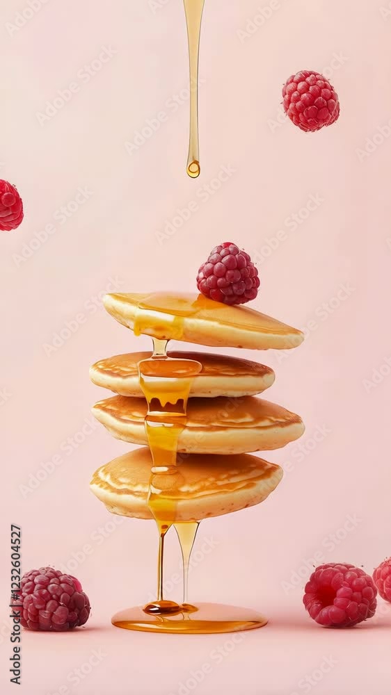 Aufkleber Four levitating pancakes with honey pouring on them and raspberries on a pink background create a visually appealing and delicious breakfast scene