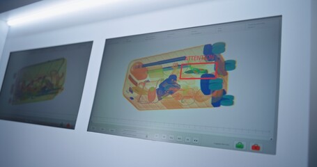 Advanced Security System in Airport: Computer Screens Displaying Modern Software Interface or Analyzing Program for Scanning Suitcases Detects Suspicious Item. X-ray Luggage Scan for Boarding Flight.
