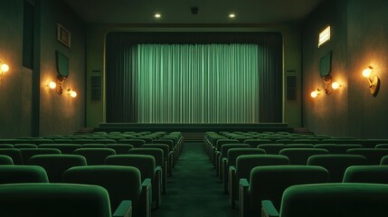 Fototapeta premium Empty vintage movie theater with green seats and stage curtains.