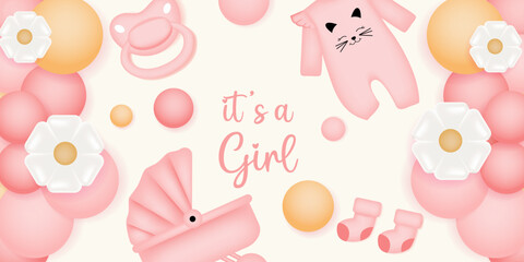 Baby shower design with balloons, stroller, socks, pacifier and dress on yellow background. It's a girl design