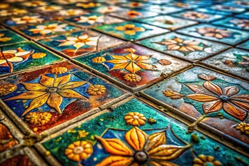 Fototapeta premium Tilt-shift cityscape: dirty, angled tile floor, architectural grime.