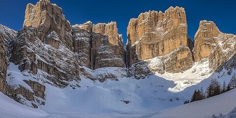 Majestic Winter Landscape Dramatic Dolomites Mountain Range Snow Covered Peaks and Alpine Scenery