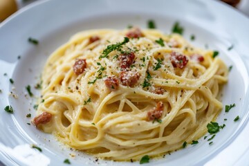 Spaghetti carbonara with bacon and grated cheese decorating a white plate