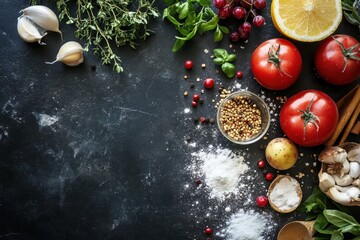 Fresh vegetables, herbs and spices decorating a dark kitchen table
