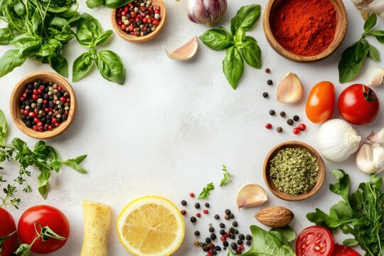 Fresh Herbs, Spices, Vegetables and Lemon Creating Culinary Frame on White Background