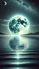Fototapeta premium Surreal Giant Moon Reflection on a Tranquil Lake Under a Starry Sky