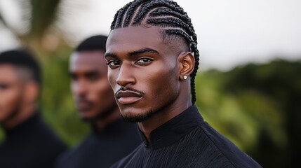 Men's braided haircuts exploring cultural fusion in urban outdoor portrait photography