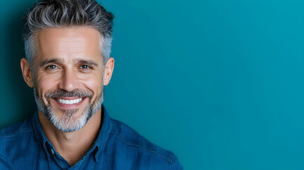 Happy mature man smiling, teal background, portrait, website banner