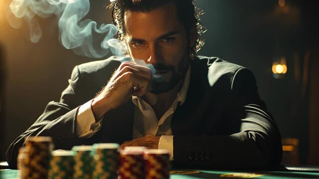 Mysterious man in a dark suit sits at a poker table, exhaling smoke as he stares intensely, with stacks of colorful poker chips in the foreground