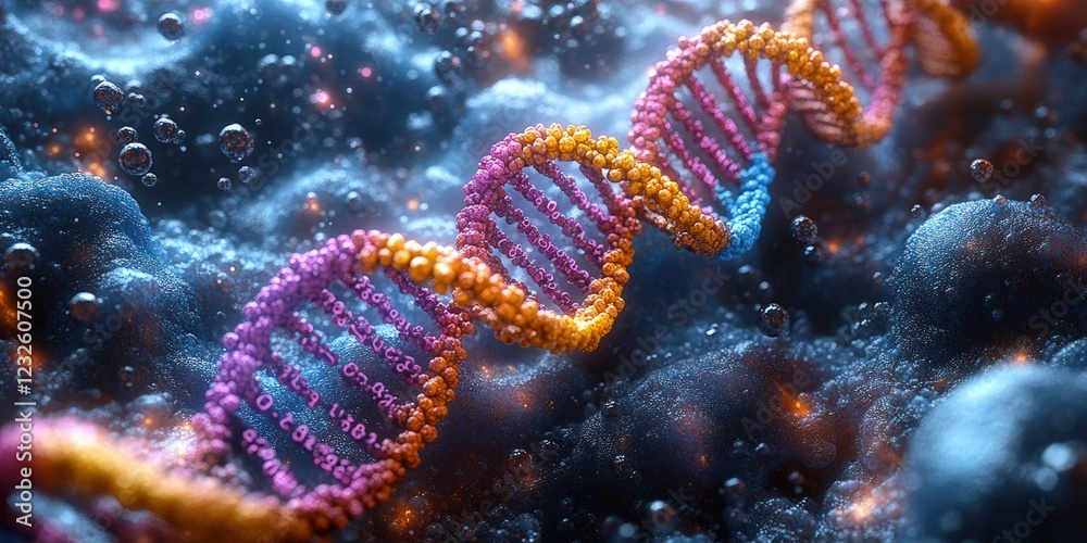 Poster close up image of a dna molecule showing double helix structure and nucleotide base pairing