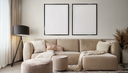 Mockup poster frame on the wall of living room. Luxurious apartment background with contemporary design. Modern interior design. 3D render, 3D illustration. See Less