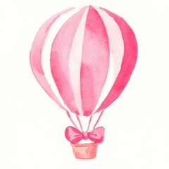 Whimsical watercolor pink hot air balloon in pastel hues dreamy sky art illustration playful atmosphere aerial view, isolated on white background