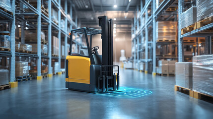 Robotic Forklift in Warehouse Transporting Heavy Loads in Side View Perspective
