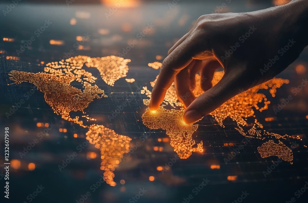 Poster digital map of the world with hand touching interactive elements