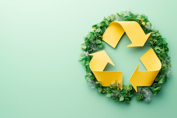 Two yellow arrows interlock to form a recycling symbol surrounded by greenery, highlighting the concept of sustainability on a soft green background. The visual promotes eco-friendly initiatives