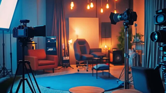 Modern photography studio setup with cameras and lighting, showcasing a cozy seating area and ambient decor