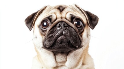 Fototapeta premium Adorable pug puppy looking directly at camera against white background.