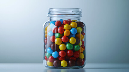 A clear glass jar filled with colorful candies, placed in the center of a white background